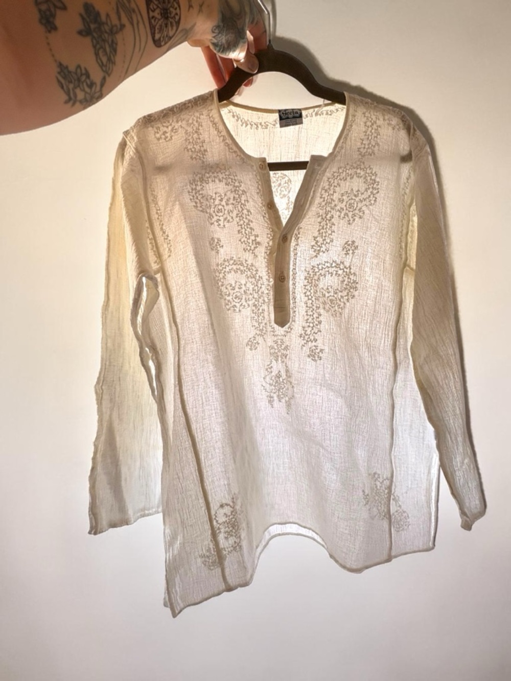 Geeta Bust 48” Hippie Boho Gypsy India Festival Embroidered Long Kurta TOP Ivory